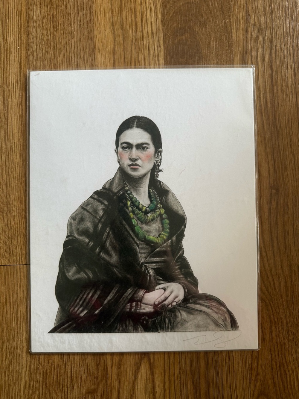 8”x10” Frida Kahlo Portrait Print with Green Beaded Necklace Pink Cheeks Signed